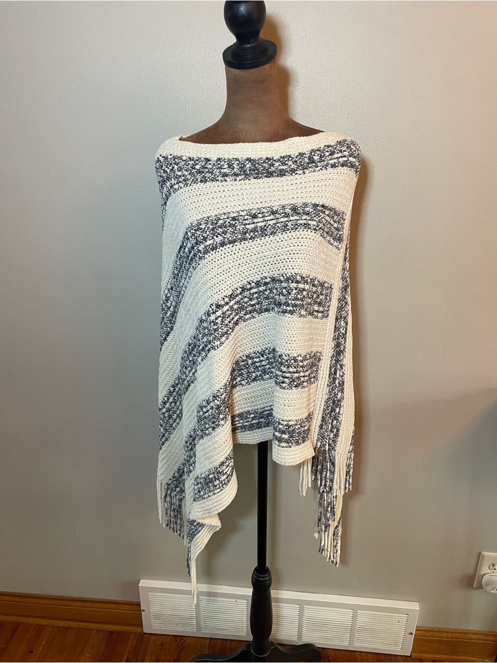 Striped Ivory & Black Knit Poncho Sweater